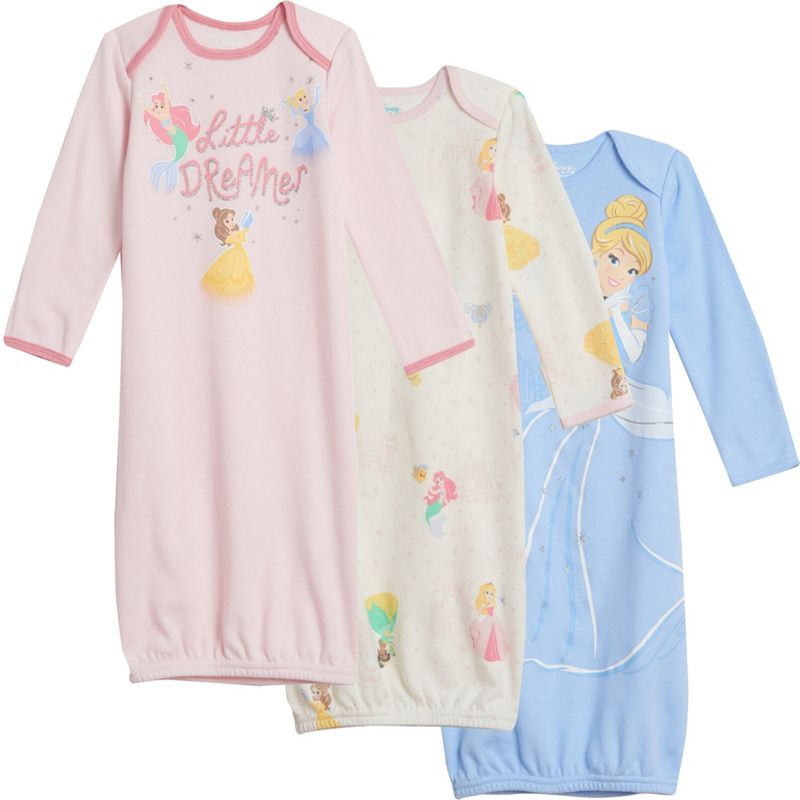 Disney Princess Baby Girls 3 Pack Long Sleeve Swaddle Sleeper Gowns Newborn , 1 of 9