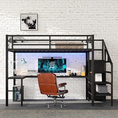 ALEXOUN Metal Loft Bed with L Shaped Desk and Wardrobe, Heavy Duty Loft Bed Frame with Storage Stairs,Space Saving Loft Bed, Black