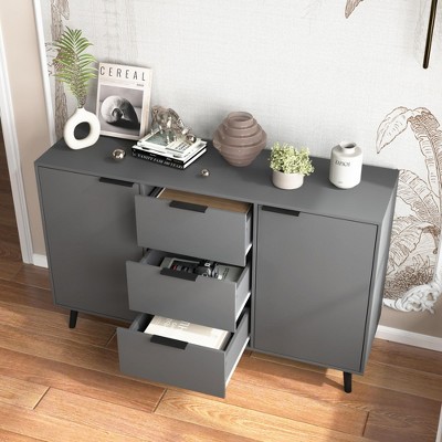 ORRD 55" Modern Kitchen Pantry Storage Cabinet, Coffee Bar with 2 Drawers & 2 Glass Doors, Blue Buffet Table for Kitchen & Living Room