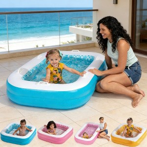 Jasonwell 2-in-1 Inflatable Kiddie Pool 65"x39"x10", Soft Cushioned Floor, Handles & Drain, Shallow Rectangular Pool for Kids 2+, Blue - 1 of 4