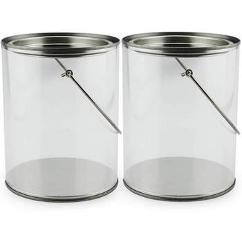 Cornucopia Brands Quart Size Clear Plastic Paint Cans 2pk, 5in Tall; Faux Small Pails w/Handle, NOT for Liquids / Heavy Objects