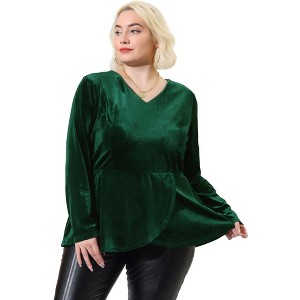 Women's Plus Size V Neck Tulip Hem Long Sleeves Peplum Velvet Blouses - Agnes Orinda - 1 of 4