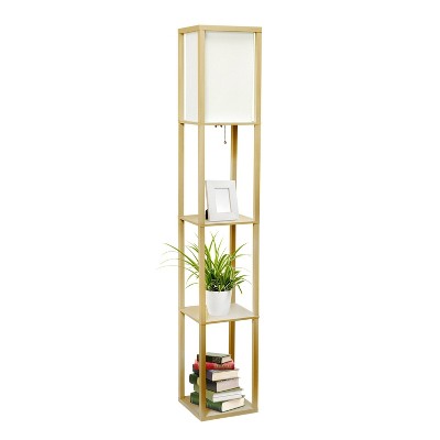 Tan Multifunctional Floor Lamp with Linen Shade and Storage Shelves