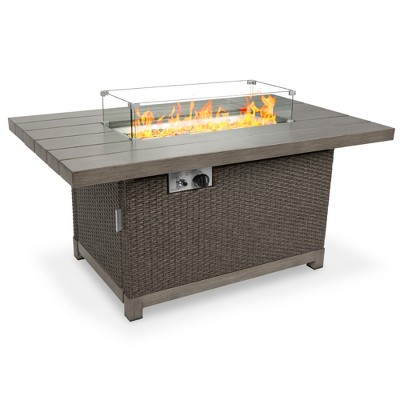 Best Choice Products 52in 50,000 BTU Wicker Propane Fire Pit Table w/ Aluminum Top, Wind Guard, Cover, Glass Beads