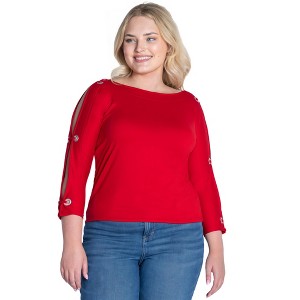 24seven Comfort Apparel Womens Three Quarter Sleeve Boatneck Cold Shoulder Plus Size Top - 1 of 4