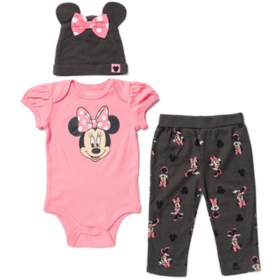 Image of Mickey Mouse & Friends Minnie Mouse Newborn Baby Boy or Girl Bodysuit Pants and Hat 3 Piece Outfit Set 0-3 Months