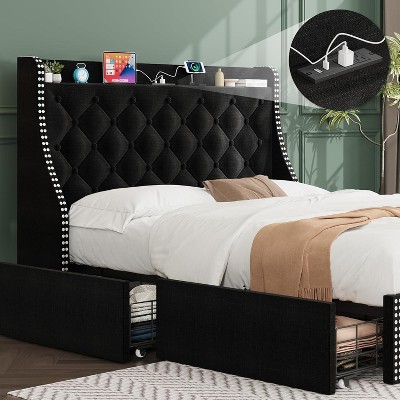 Bed Frame with 4 Storage Drawers, Wingback Headboard, Charging Station, Diamond Design, No Box Spring Needed