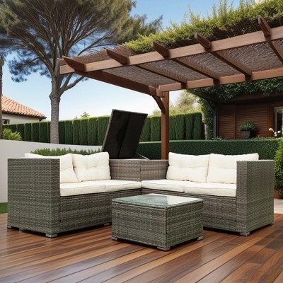 YOOCOZZ 4-Piece Outdoor Patio Wicker Rattan Sectional Sofa Set with 2 Loveseats, Storage Box and Table - Beige