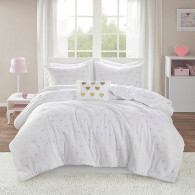 White and Gold Twin Microfiber Plush Comforter Set with Heart Print