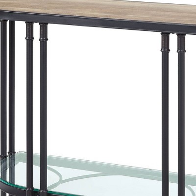 Oak Wood Grain & Sandy Black Metal Demilune Console Table with Glass Shelf