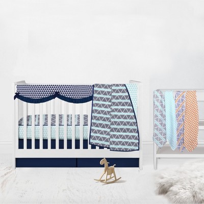 Bacati - Boys Triangles Aqua Navy 8 pc Crib Bedding Set with Long Rail Guard Cover