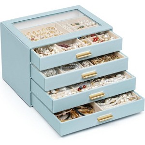 Leather Jewelry Box with Clear Lid, 2-Drawer Storage Organizer Case for Necklaces, Rings, Earrings, Bracelets - 1 of 4