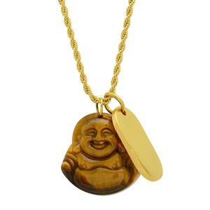 Steeltime 24" Men's 18k gold plated stainless steel and tiger eye laughing buddha and dog tag pendant - 1 of 4