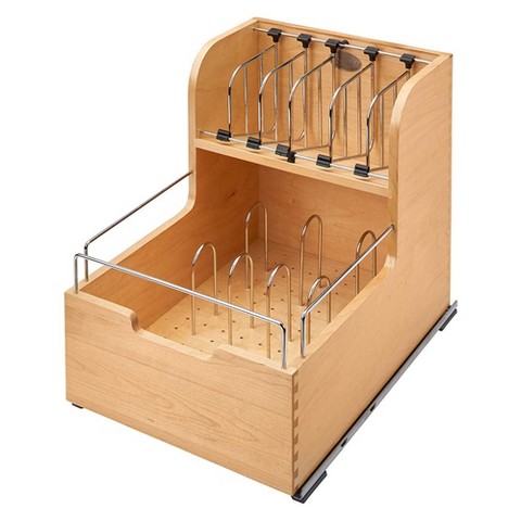 Rev-A-Shelf 18" Divided Storage Bin for Kitchen or Bathroom Cabinets, Food Storage Containers/ Utensils Organizer w/ Soft-Close, Wood, 4FSCO-18SC-1