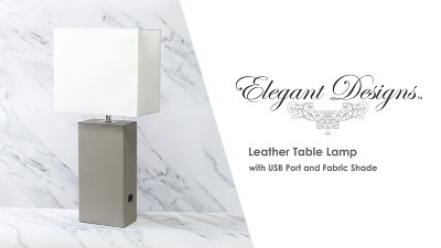 Modern Gray Leather Table Lamp with USB and White Fabric Shade