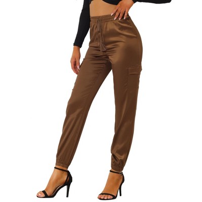 INSPIRE CHIC Women's Satin Drawstring Elastic High Waist Shiny Silky Cargo Pants