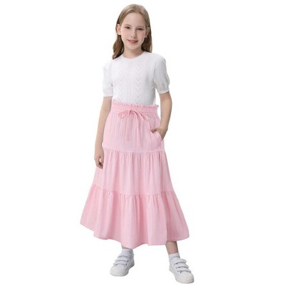Maxi Skorts Skirt for Girls Button Front Ruffle High Waisted Long Skirts with Belt and Pocket 3-12 Years