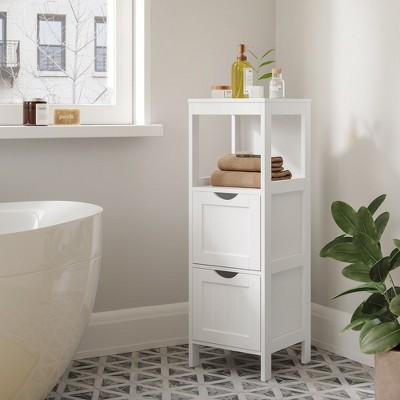 White MDF Bathroom Floor Cabinet with 2 Drawers and Open Shelf