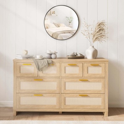 Zstar Dresser for Bedroom, Wooden Storage Cabinet with Rattan Fronts