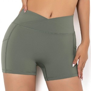 Anna-Kaci Active Women's V-Cross Front Wide Band Stretchy Side Pocket Detail Biker Shorts - 1 of 4