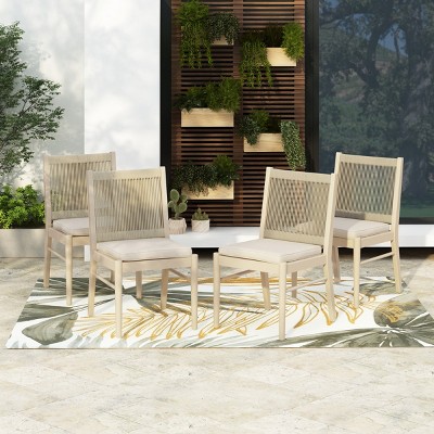 Coolbibila ModernWood Acacia Dining Chair,Beige Fabric Upholstered Dining Room Chair,Woven Rope Back Patio Outdoor Dining Chair