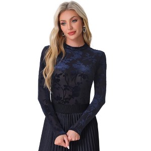 INSPIRE CHIC Women's See Through Mesh Mock Neck Velvet Floral Print Tee Shirt - 1 of 4