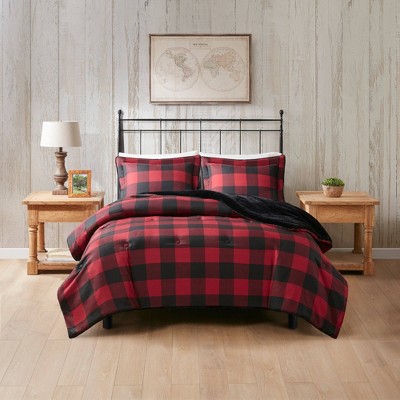 Full Red Buffalo Check Faux Fur Comforter Set