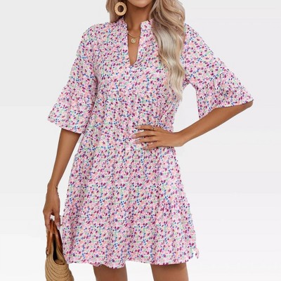 Womens Dress with Flutter Bell Sleeves V Neck Flowy Sundress Flounce Midi Tiered Dress Floral Summer Sundress