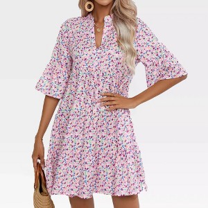 Womens Dress with Flutter Bell Sleeves V Neck Flowy Sundress Flounce Midi Tiered Dress Floral Summer Sundress - 1 of 4