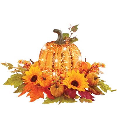 Collections Etc LED Lighted Fall Sunflower Pumpkin Centerpiece 15 X 15 X 8