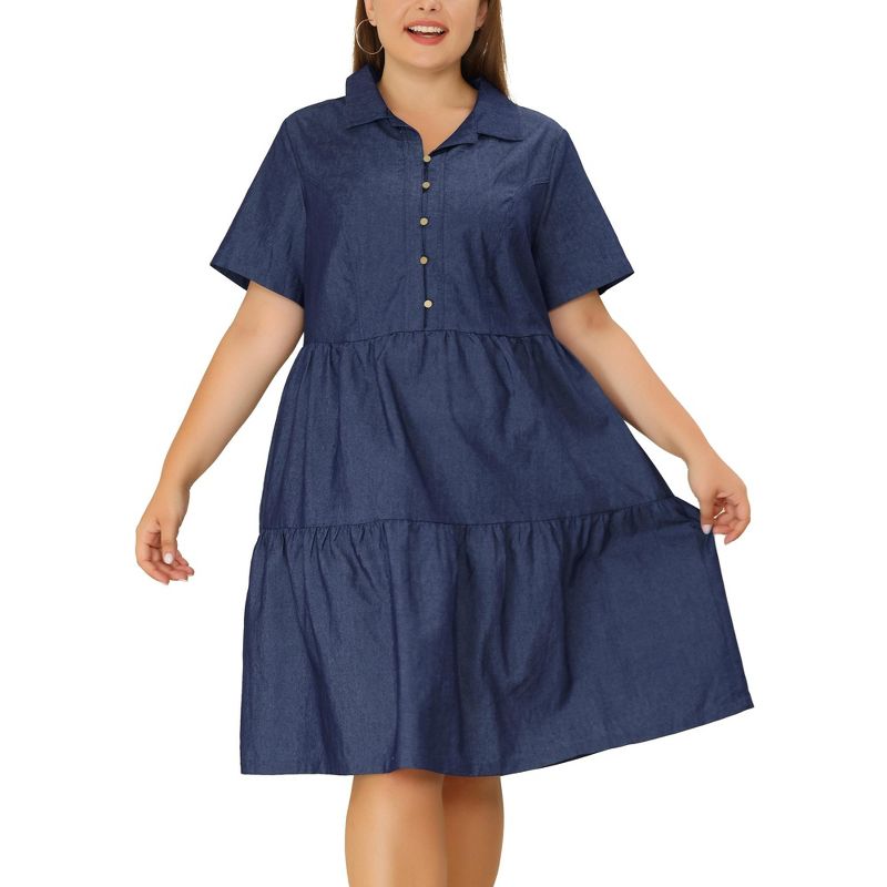 Agnes Orinda Women's Plus Size Babydoll Half Placket Elastic Back Button Chambray Shirt Dresses, 1 of 6
