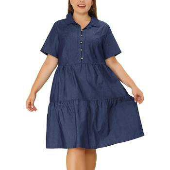 Agnes Orinda Women's Plus Size Babydoll Half Placket Elastic Back Button Chambray Shirt Dresses