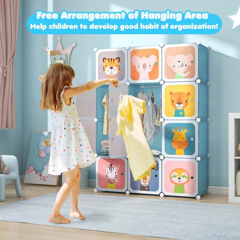 Costway 12-Cube Kids Wardrobe Baby Dresser Bedroom Armoire Clothes Hanging Closet with Door Blue/Pink, 4 of 11