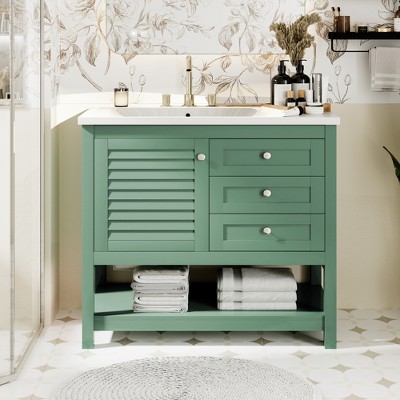 Akoasm 36 Inch Tall Bathroom Vanity Storage Cabinet With Drawers,Doors,Solid Wood Feet(With Undermount Sink)-Green