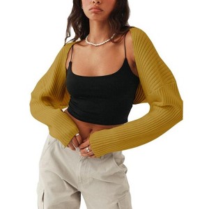 Coolmee Women's Ribbed Knit Crop Bolero  Open Front Drop Shoulder Long Sleeve Solid Loose Fit Knitted Crop Cardigan Shrug - 1 of 4