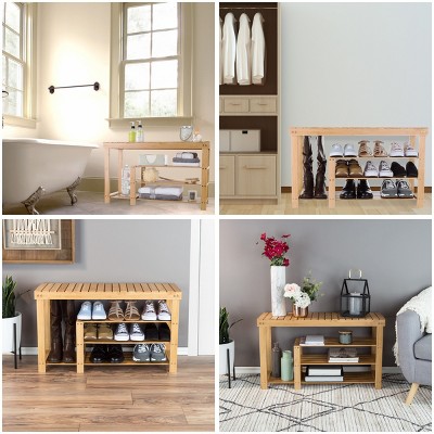Natural Bamboo 3-Tier Shoe and Boot Rack Bench with Seat