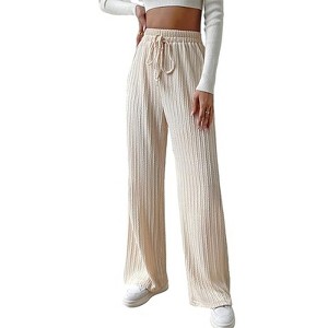 Clearlove Womens Wide Leg Palazzo Pleated Pants Ribbed Knit High Waist Flowy Drawstring Loose Casual Trousers - 1 of 4