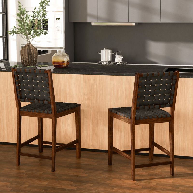 Tangkula Faux Leather Woven Bar Stools Set of 2/4 24 Inch Counter Height Bar Chairs with High Backrest Footrest, 2 of 9