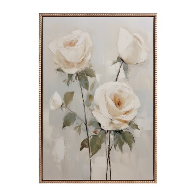 Gold Beaded Frame Soft White Roses Canvas Wall Art 23x33