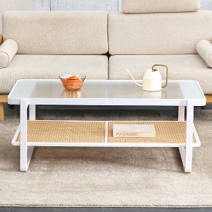 CENGHU Modern Simple Rectangle Double-Layer Coffee Table, Solid Wood Glass Desktop Tea Table Rattan Woven, Side Table for Living Room, White - 1 of 4