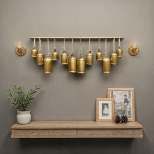 Royal Hampton Iron Cowbells Wall Decor 48 Inch Wide Decorative, Antique Gold Finish, Jute Hanging Rope - 1 of 4