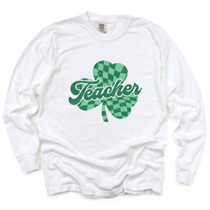 Simply Sage Market Teacher Checkered Shamrock Garment Dyed Long Sleeve - 1 of 4