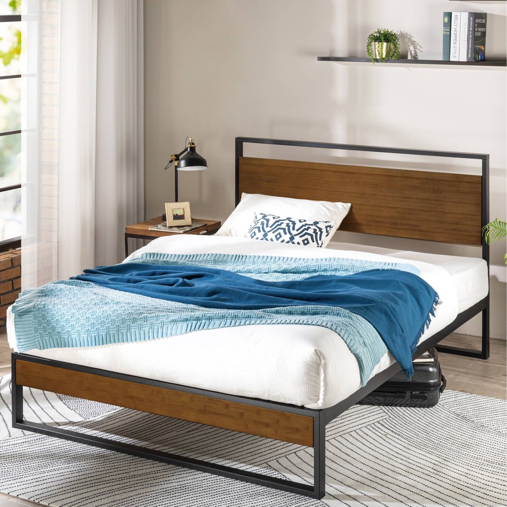 Zinus Suzanne 44” Metal and Wood Platform Bed Frame with Headboard  Chestnut Brown  King