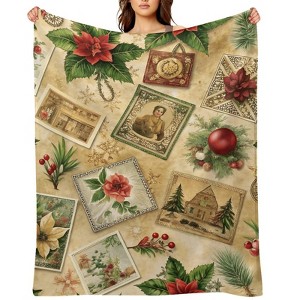 FIONECA Vintage Christmas Collage Blanket with Poinsettia Ornament and Architecture Pattern Soft Cozy Holiday Throw 30x40 inches - 1 of 4