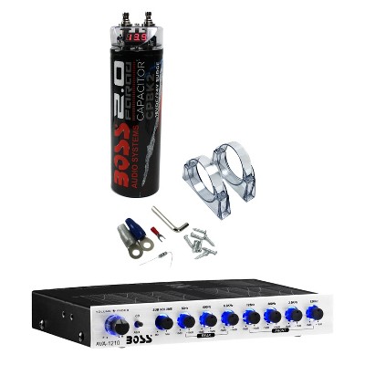 Boss CPBK2 2 Farad 20 Volt Digital Car Audio Power Capacitor and AVA1210 7-Band Stereo Equalizer Preamp Amplifier
