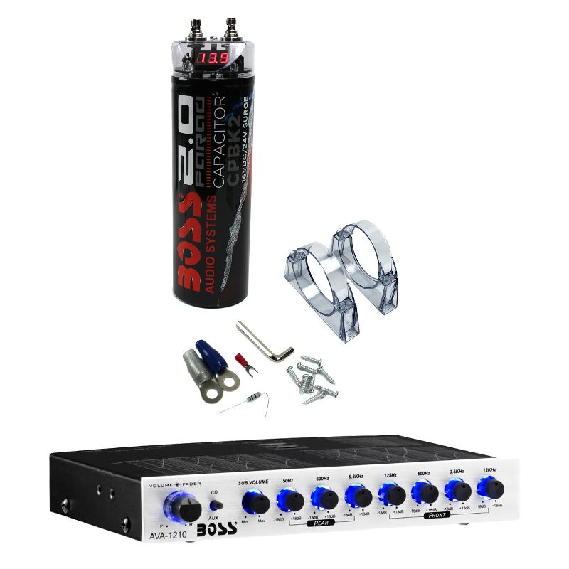 Boss CPBK2 2 Farad 20 Volt Digital Car Audio Power Capacitor and AVA1210 7-Band Stereo Equalizer Preamp Amplifier, 1 of 7