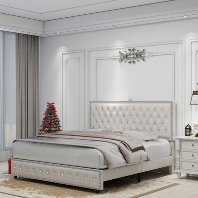 Okak Full Velvet Platform Bed Frame Upholstered Bed with Adjustable Height Headboard and USB Charger Music Speaker Star Projector Noise-Free