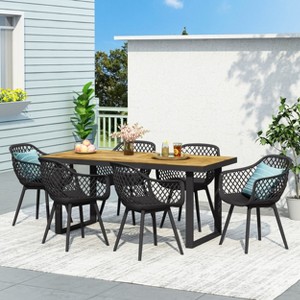 Christopher Knight Home Renata Outdoor Acacia Wood and Resin 7 Piece Dining Set with 70.25" Dining Table, Black/Teak - 1 of 4