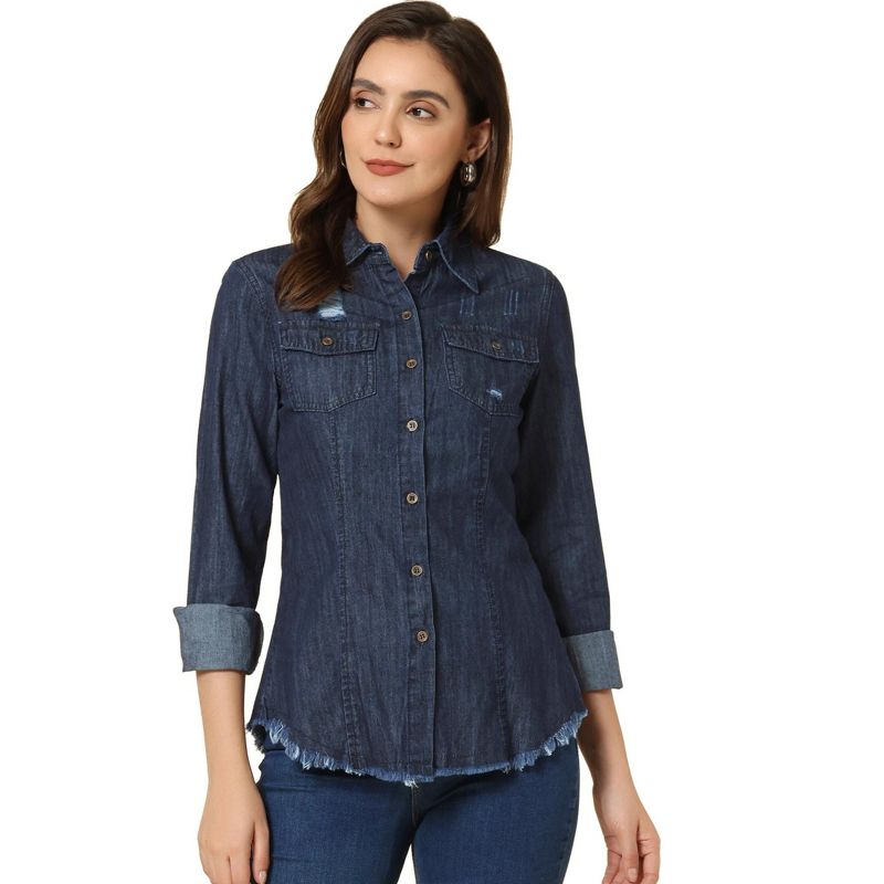 Allegra K Women's Jeans Long Sleeve Button Down Distressed Frayed Denim Shirt, 1 of 6