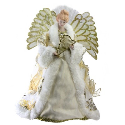 Northlight 12" Lighted Fiber Optic Angel in Gold and Cream Gown with Harp Christmas Tree Topper